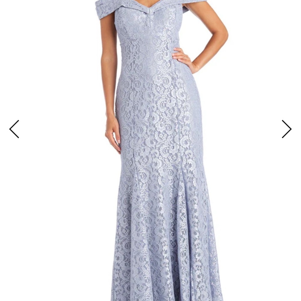 Off-Shoulder Lace Evening Gown in Light Blue